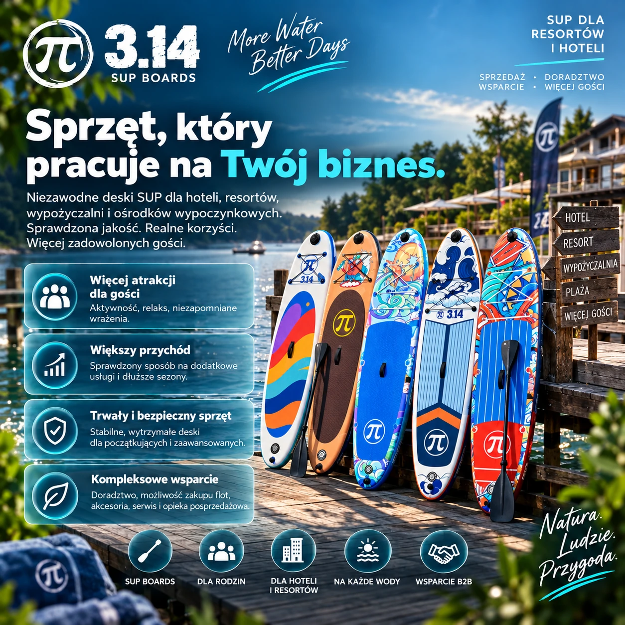 Pięć kolorowych modeli SUP 3.14 przy pomoście resortu